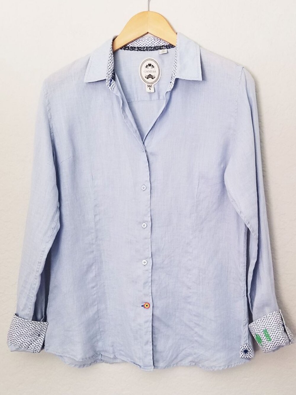 Ganesh Italy 100% Linen Long Sleeve Flip Cuff Button Front Shirt Light Blue 3 L